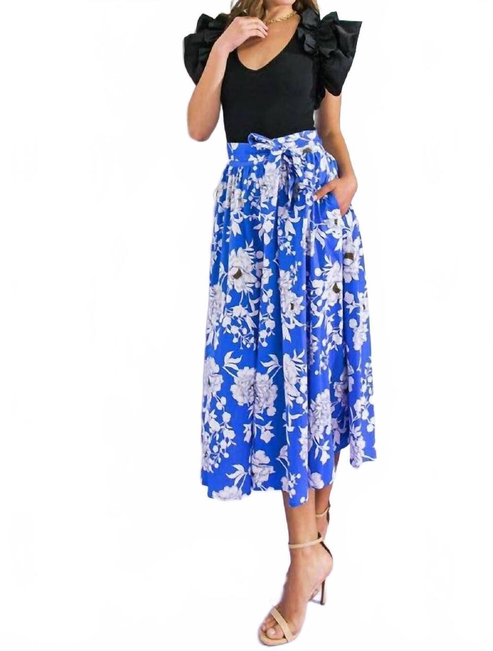 NEW FLYING TOMATO printed poplin skirt in royal